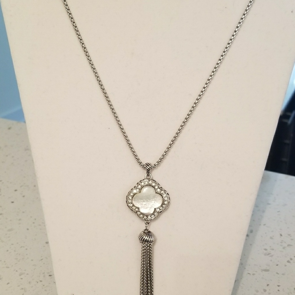 Necklace,Shell White Clover with tassel,30" long